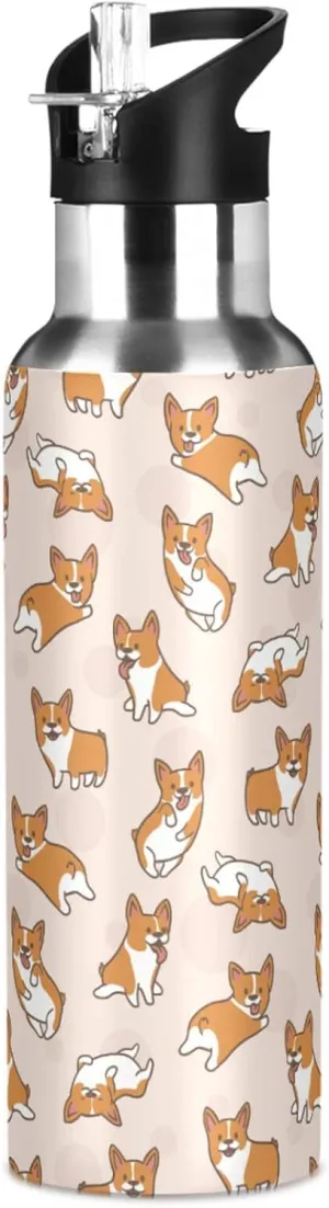 ALAZA Cute Little Corgi Dogs Water Bottle with Straw Lid Vacuum Insulated Stainless Steel Thermo Flask Water Bottle 32oz