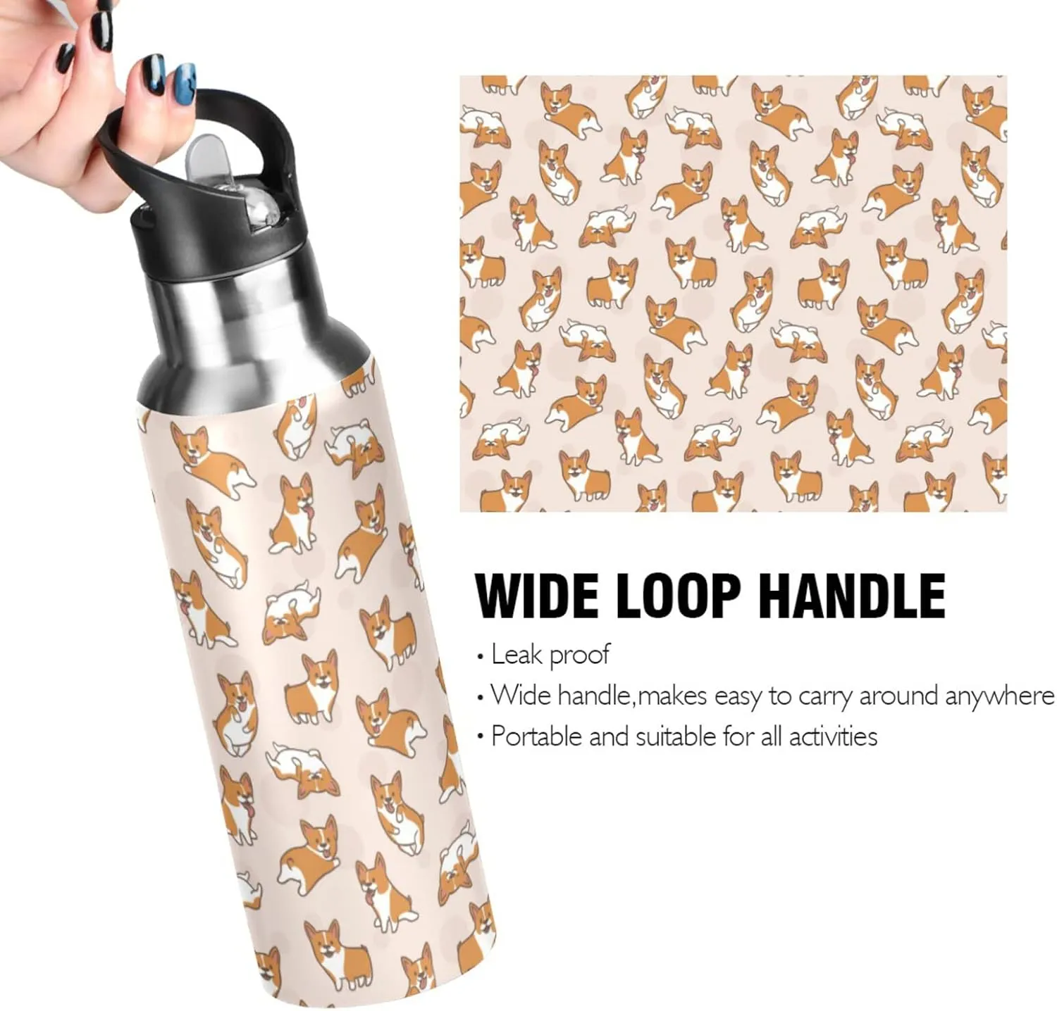 ALAZA Cute Little Corgi Dogs Water Bottle with Straw Lid Vacuum Insulated Stainless Steel Thermo Flask Water Bottle 32oz