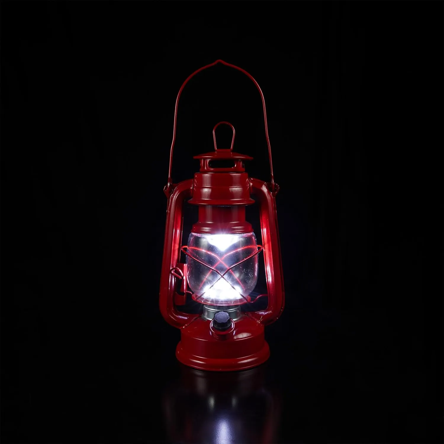 Alpine Corporation 10" H Indoor/Outdoor Metal and Glass Hurricane Lantern with Dimmable LED Lights, Red
