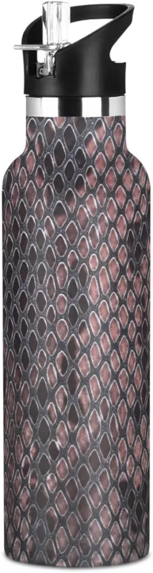 Animal Print Sport Water Bottle Fancy Snakeskin Luxury Brown Fitness Vacuum Drink Cup Office Ice Coffee Mug Camping Beverage Container Hiking Biking Thermos, 20 oz