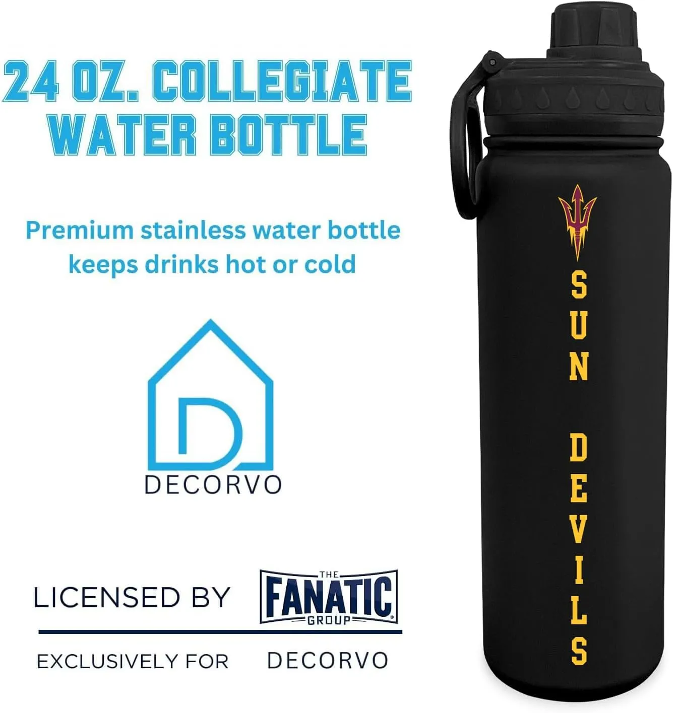 Arizona State Logo Water Bottle - Black Double Walled Stainless Steel 24 oz Keeps Drinks Cold or Hot
