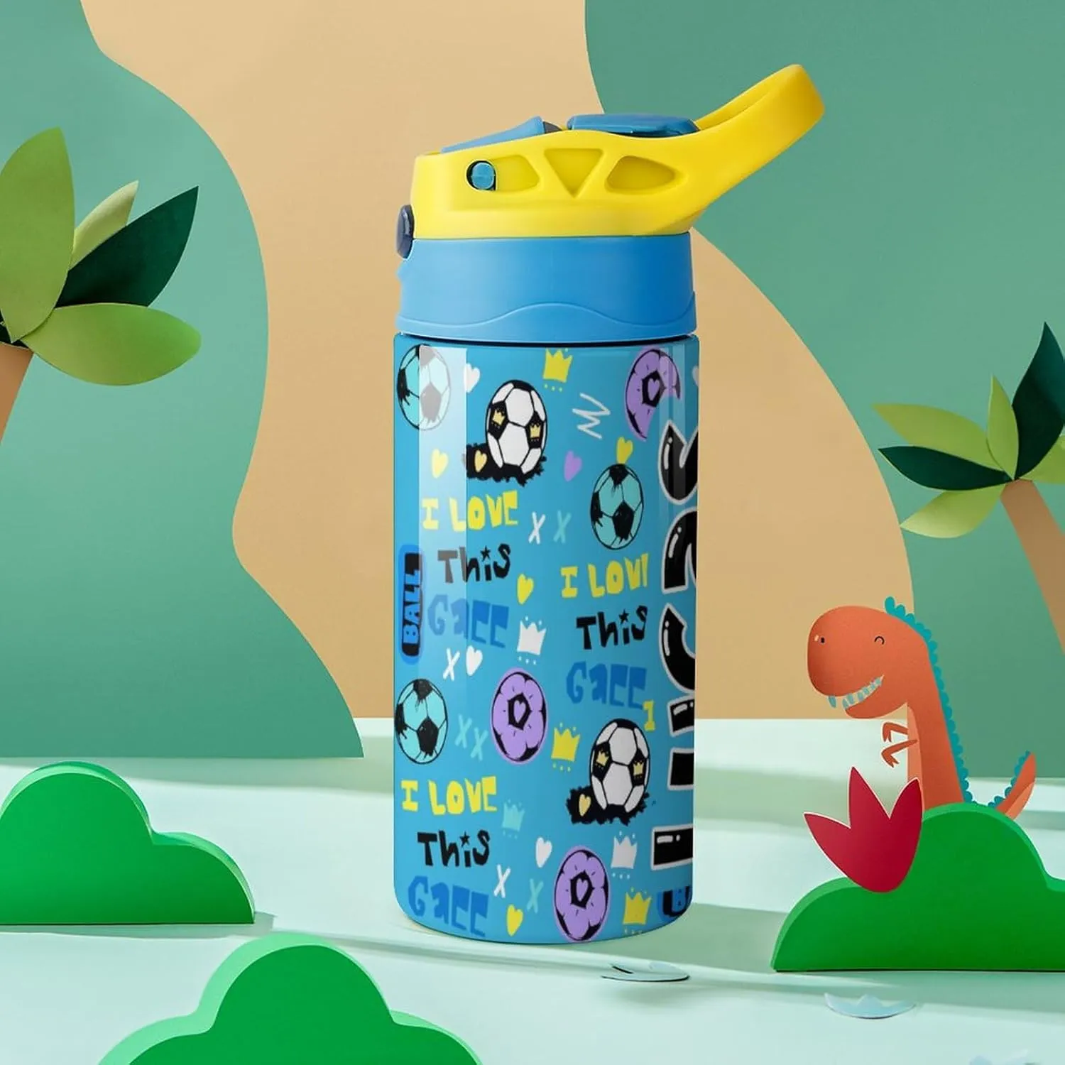 Artsadd Custom Dinosaur Kids Bottle - Insulated Stainless Steel Tumbler with Straw - Back to School Gift for Boys