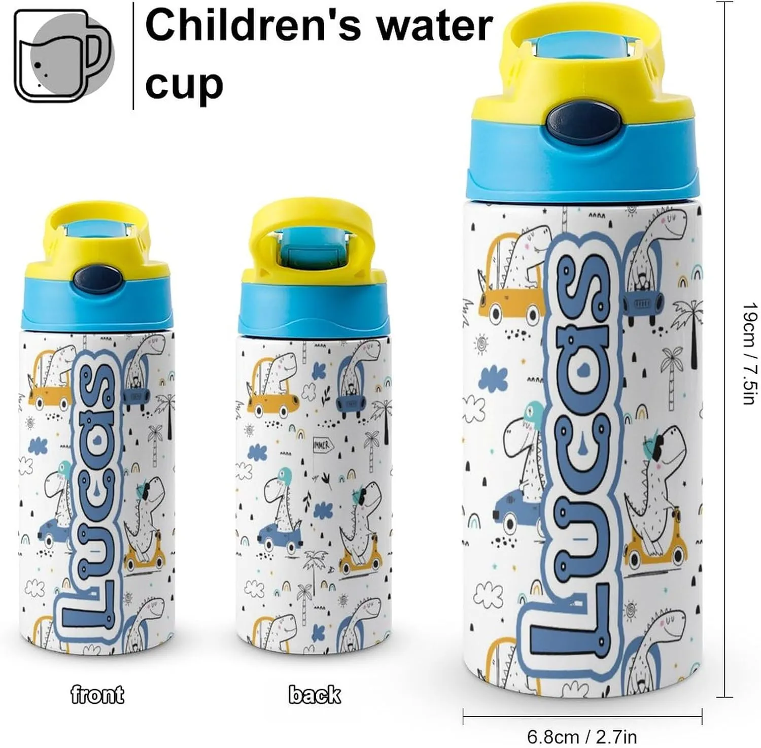 Artsadd Custom Dinosaur Kids Bottle - Insulated Stainless Steel Tumbler with Straw - Back to School Gift for Boys