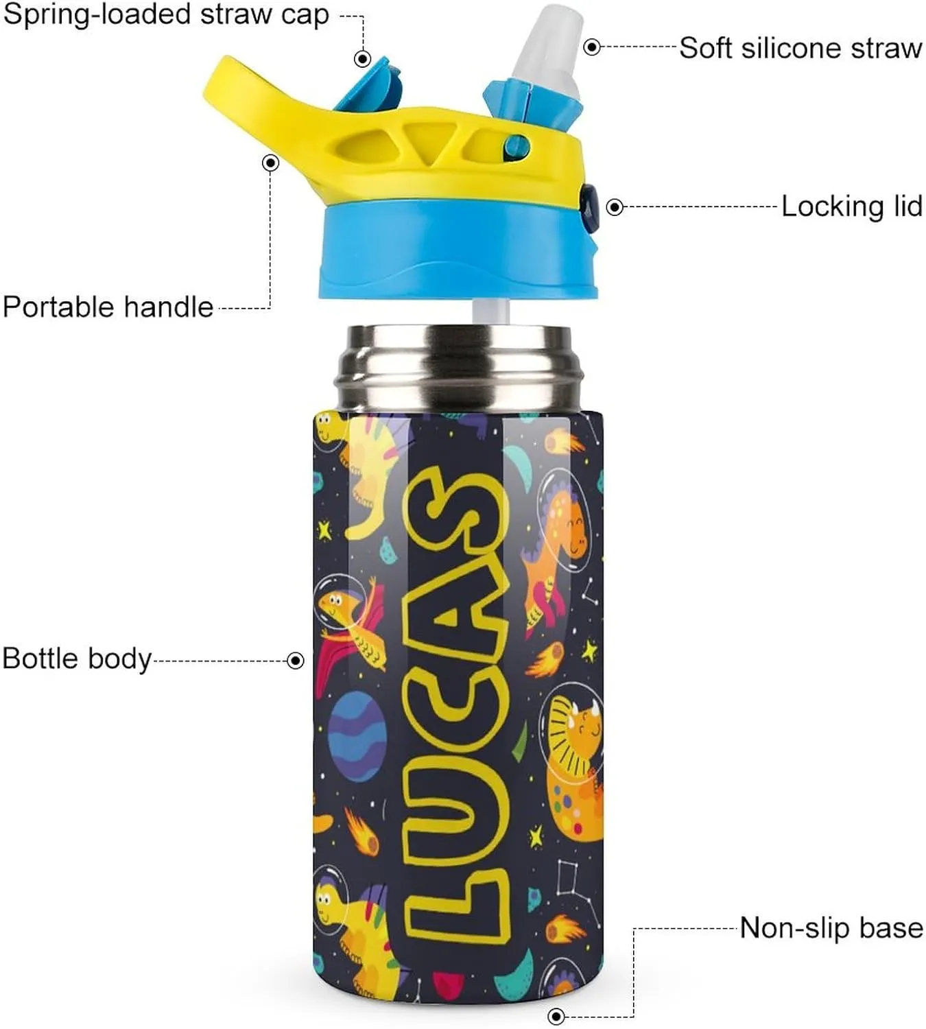 Artsadd Personalized Dinosaur Water Bottle for Kids-Custom Name Water Bottle with Straw-Personalized Gift for Kids Boys-Customized Name Insulated Stainless Steel Tumbler for School Gifts-16.9oz