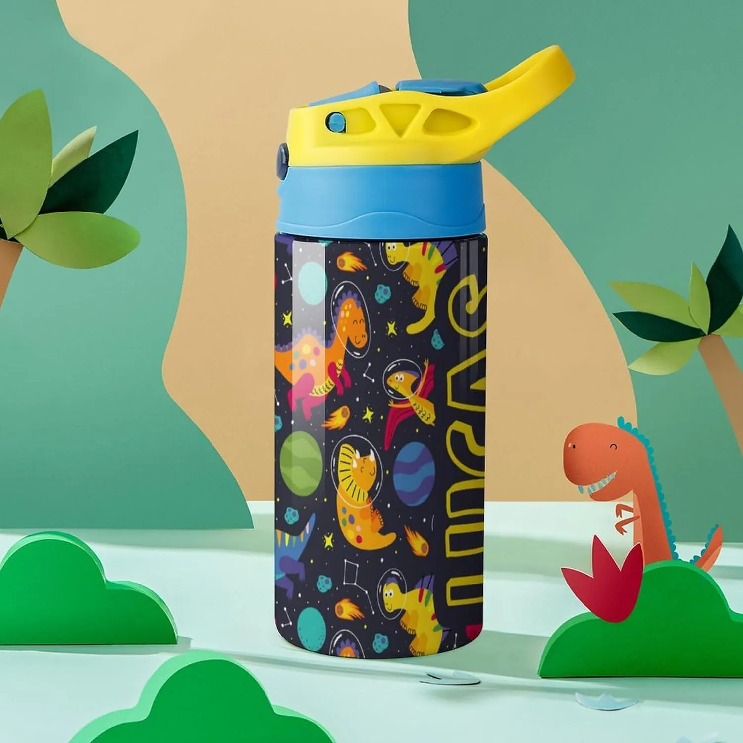 Artsadd Personalized Dinosaur Water Bottle for Kids-Custom Name Water Bottle with Straw-Personalized Gift for Kids Boys-Customized Name Insulated Stainless Steel Tumbler for School Gifts-16.9oz
