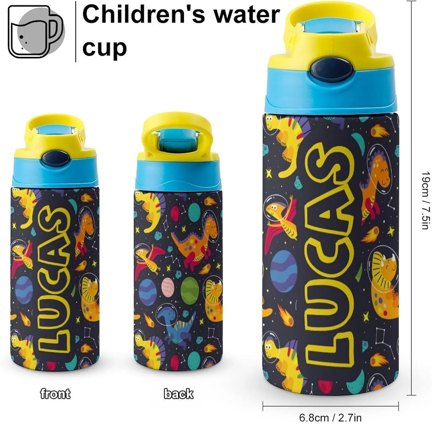 Artsadd Personalized Dinosaur Water Bottle for Kids-Custom Name Water Bottle with Straw-Personalized Gift for Kids Boys-Customized Name Insulated Stainless Steel Tumbler for School Gifts-16.9oz
