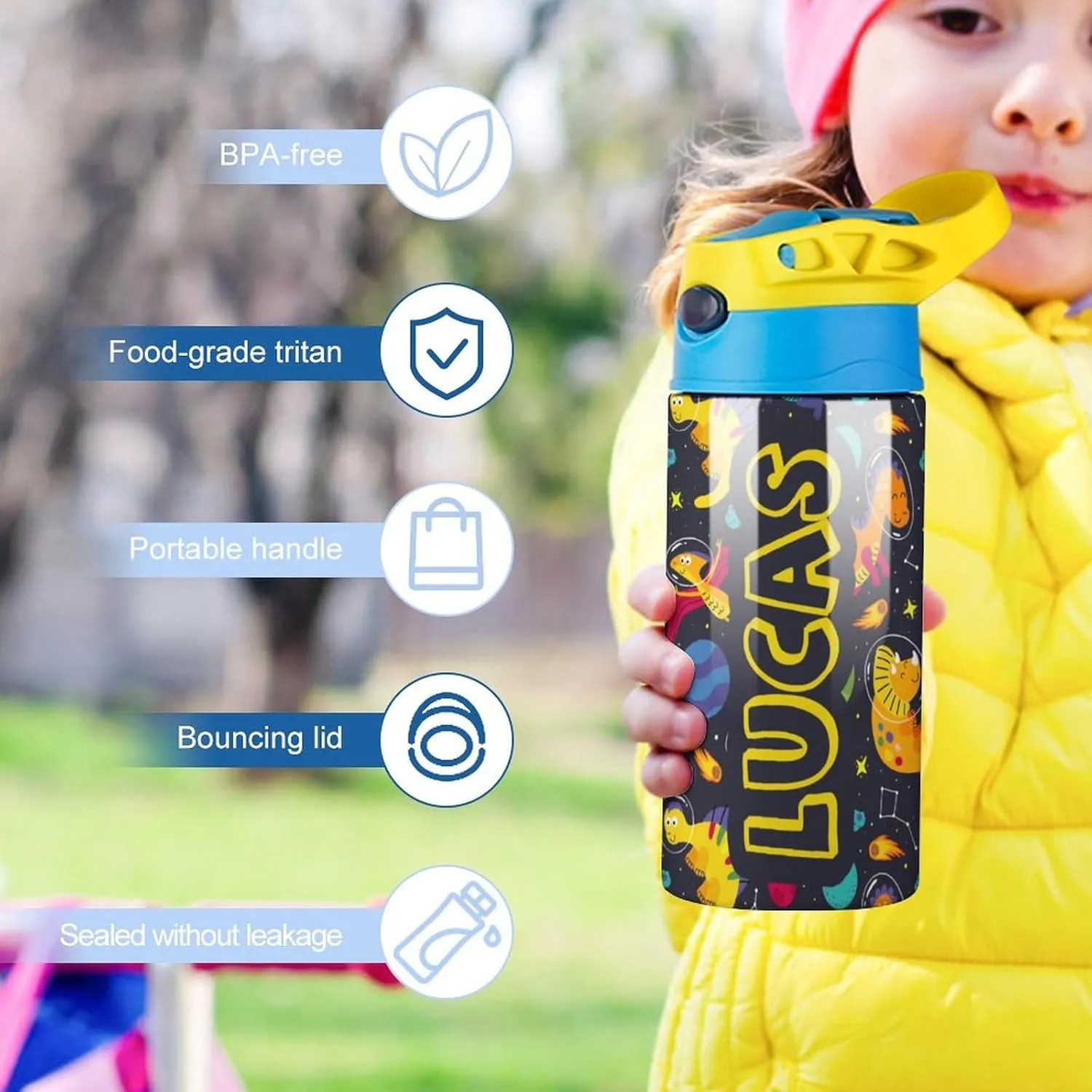 Artsadd Personalized Dinosaur Water Bottle for Kids-Custom Name Water Bottle with Straw-Personalized Gift for Kids Boys-Customized Name Insulated Stainless Steel Tumbler for School Gifts-16.9oz