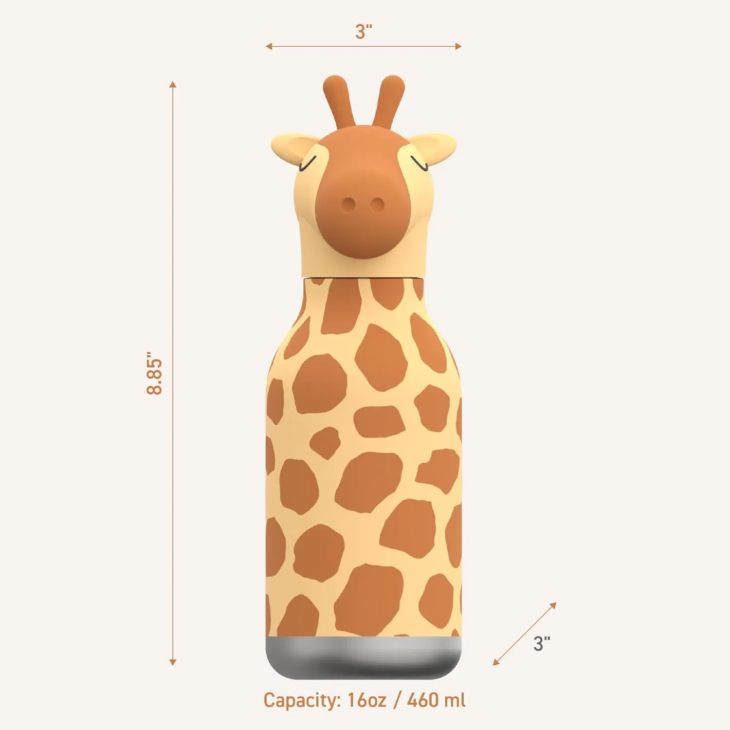 asobu Bestie Bottle Insulated Stainless Steel Water Bottle with Detachable Soft Animal Head Fun Drinking For Kids and Teens16 Ounce with Flexible Reusable Straw (GIRAFFE)