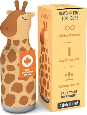 asobu Bestie Bottle Insulated Stainless Steel Water Bottle with Detachable Soft Animal Head Fun Drinking For Kids and Teens16 Ounce with Flexible Reusable Straw (GIRAFFE)