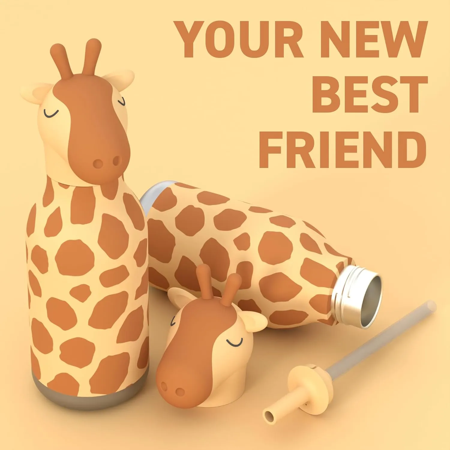asobu Bestie Bottle Insulated Stainless Steel Water Bottle with Detachable Soft Animal Head Fun Drinking For Kids and Teens16 Ounce with Flexible Reusable Straw (GIRAFFE)