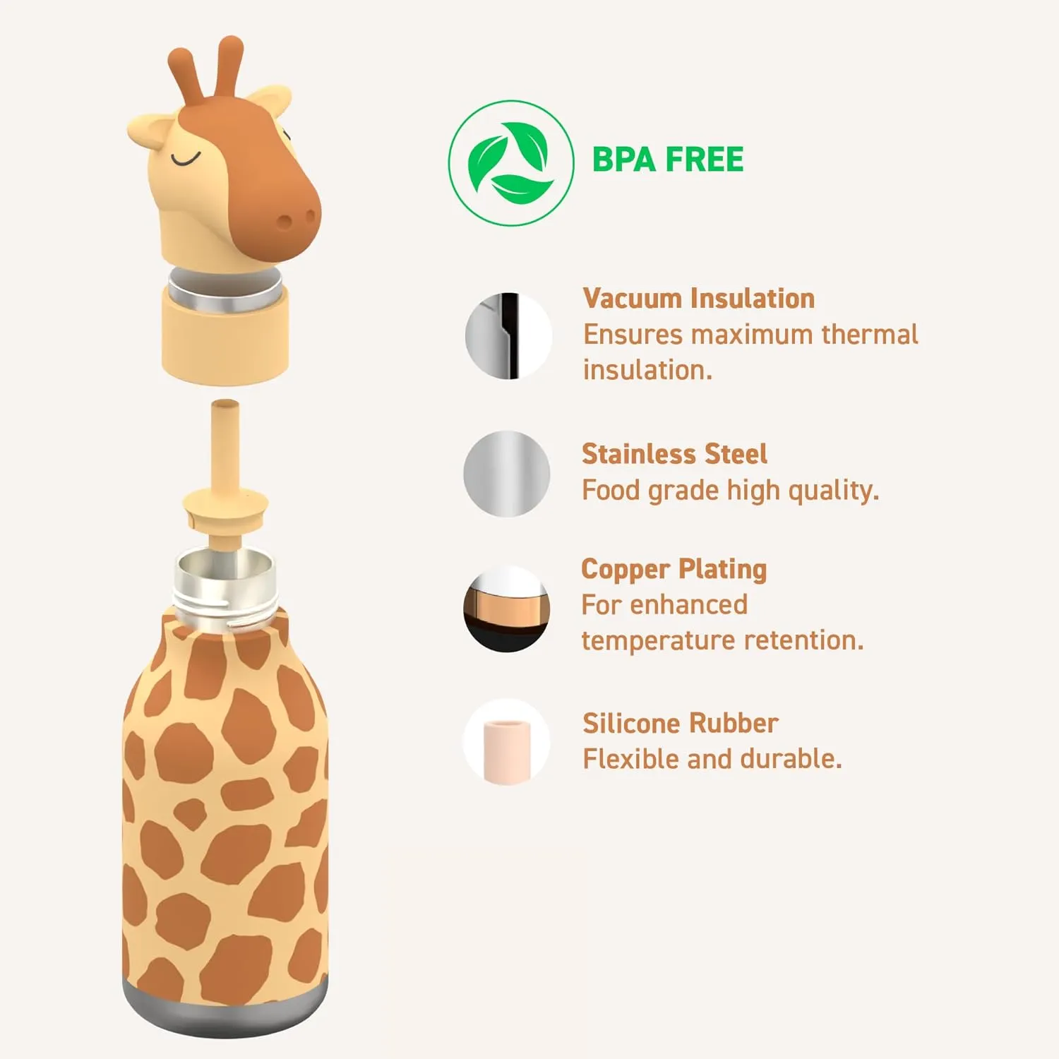 asobu Bestie Bottle Insulated Stainless Steel Water Bottle with Detachable Soft Animal Head Fun Drinking For Kids and Teens16 Ounce with Flexible Reusable Straw (GIRAFFE)