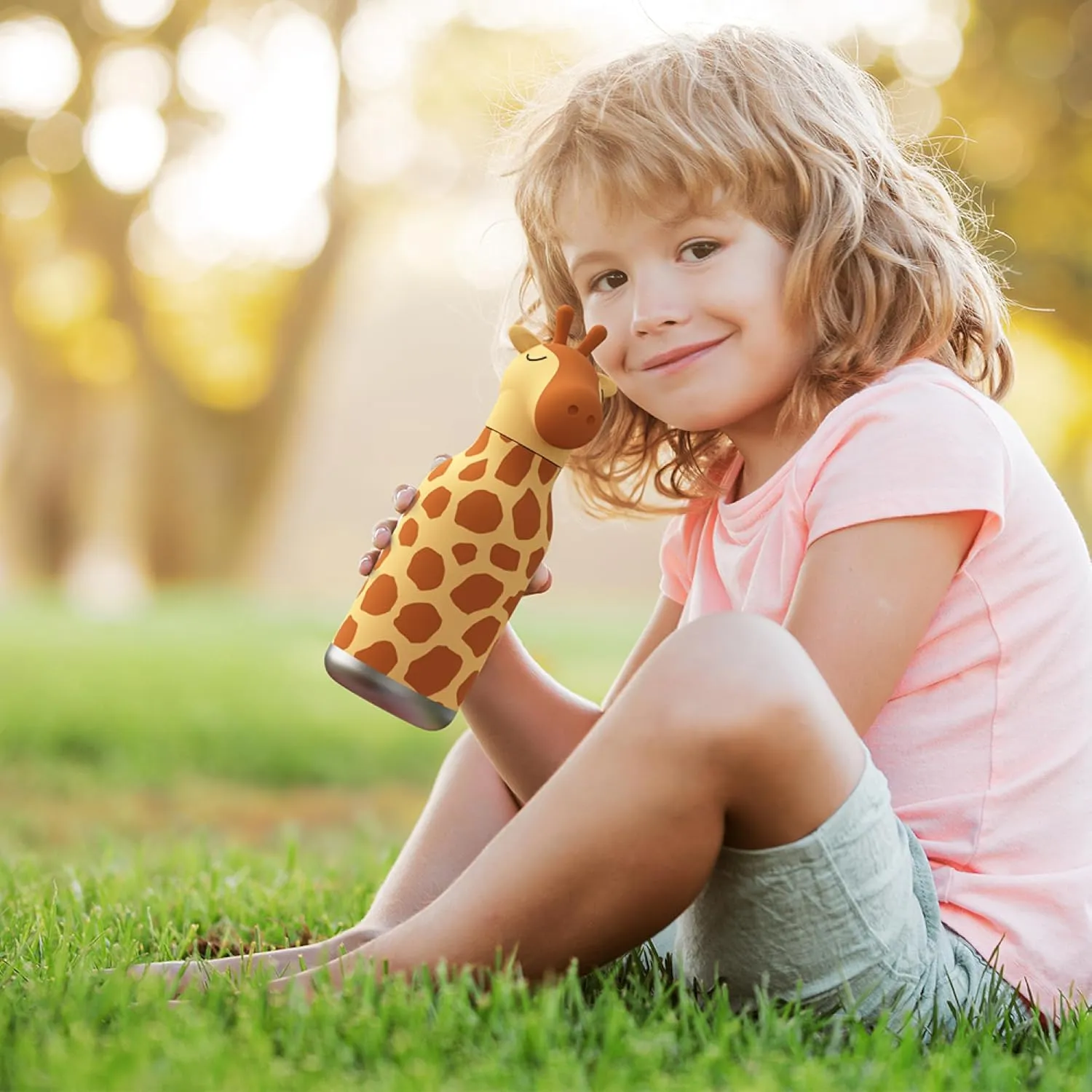 asobu Bestie Bottle Insulated Stainless Steel Water Bottle with Detachable Soft Animal Head Fun Drinking For Kids and Teens16 Ounce with Flexible Reusable Straw (GIRAFFE)