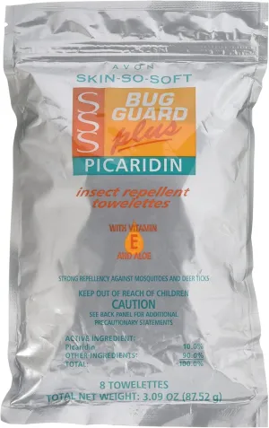 Avon Skin So Soft Bug Guard Plus Picaridin Towelettes - DEET-Free, Oil-Free, Resealable Bag with 8 Packets - Protection Against Mosquitoes, Deer Ticks, Gnats, No-Seeums, Sand Flies, and Biting Midges