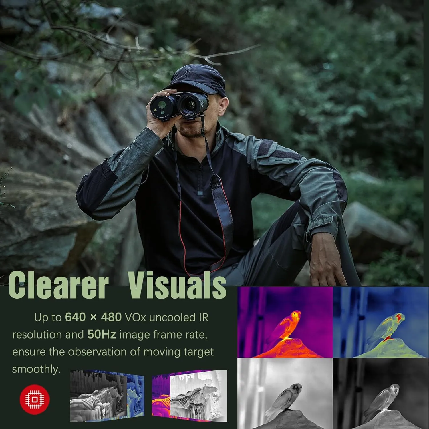 B50-640 LRF Thermal Binoculars for Hunting， Infrared Heat Night Vision with 50mm Focal Length, 640×480 pix @ < 30 mK NETD Sensor, LRF with 600m Accuracy, OLED High-Definition Display