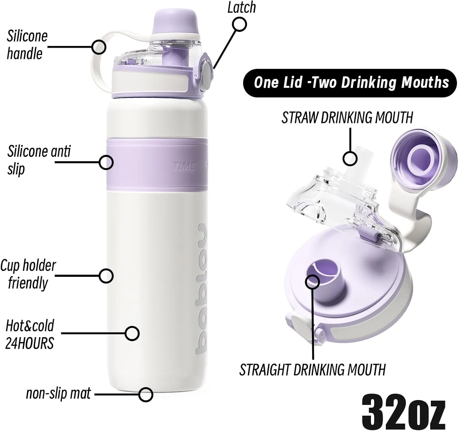 BABLOV Insulated Stainless Steel Water Bottle with Straw for Sports and Travel Purple,32Oz