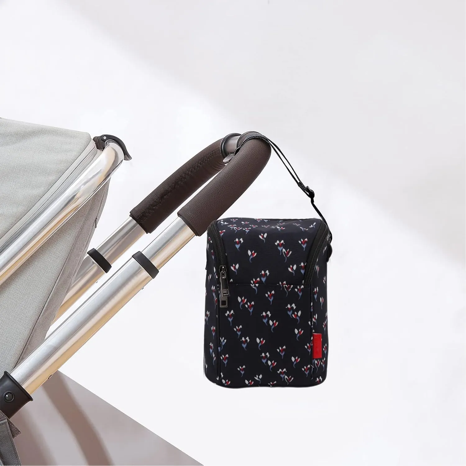 Baby Bottle Cooler Bag, Nylon Bottle Cooler Tote Bag with Zipper, Shoulder Strap & Stroller Attachment, Black with Small Floral