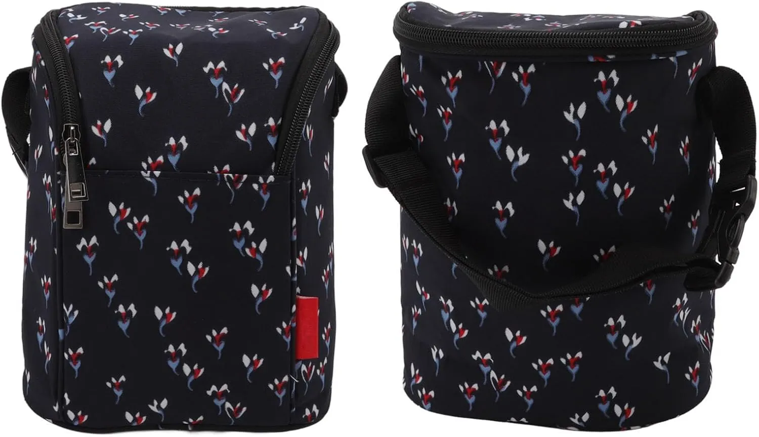 Baby Bottle Cooler Bag, Nylon Bottle Cooler Tote Bag with Zipper, Shoulder Strap & Stroller Attachment, Black with Small Floral
