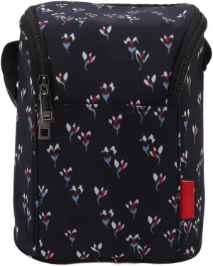 Baby Bottle Cooler Bag, Nylon Bottle Cooler Tote Bag with Zipper, Shoulder Strap & Stroller Attachment, Black with Small Floral