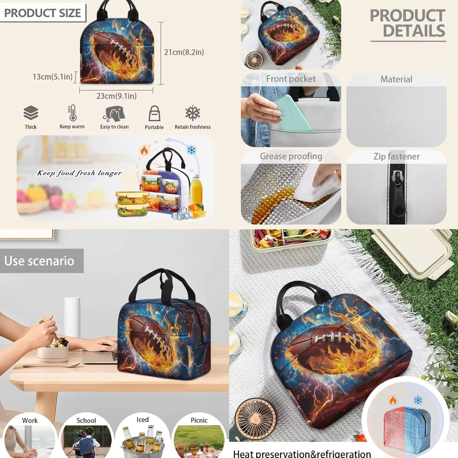 Backpack with Lunch Box and Water Bottle Bag American Football Boys Backpack 4-Piece Set Lightweight Travel Bookbag for Kids Kindergarten Elementary Middle Mochilas Escolares Para Niños
