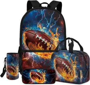 Backpack with Lunch Box and Water Bottle Bag American Football Boys Backpack 4-Piece Set Lightweight Travel Bookbag for Kids Kindergarten Elementary Middle Mochilas Escolares Para Niños