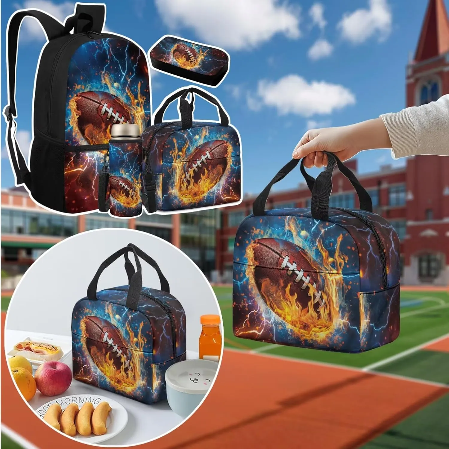Backpack with Lunch Box and Water Bottle Bag American Football Boys Backpack 4-Piece Set Lightweight Travel Bookbag for Kids Kindergarten Elementary Middle Mochilas Escolares Para Niños