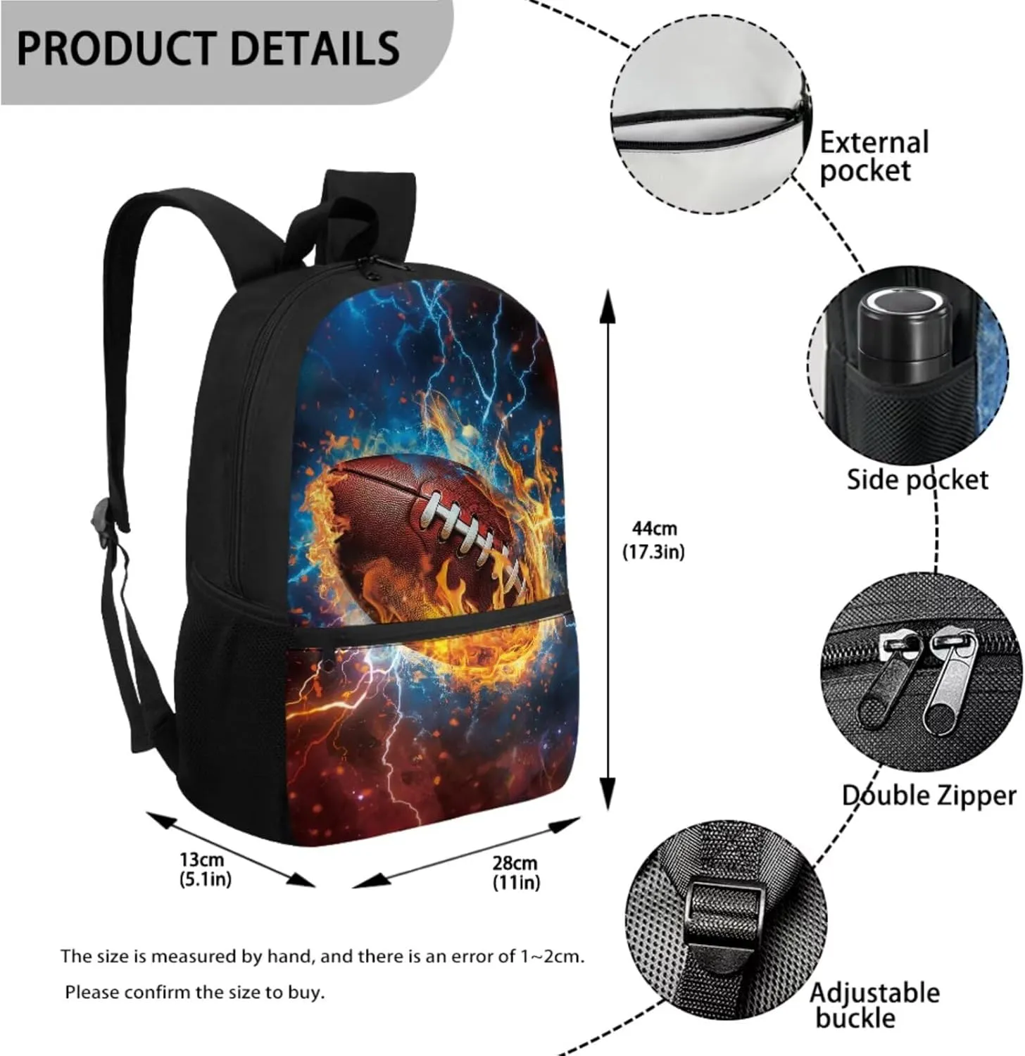 Backpack with Lunch Box and Water Bottle Bag American Football Boys Backpack 4-Piece Set Lightweight Travel Bookbag for Kids Kindergarten Elementary Middle Mochilas Escolares Para Niños