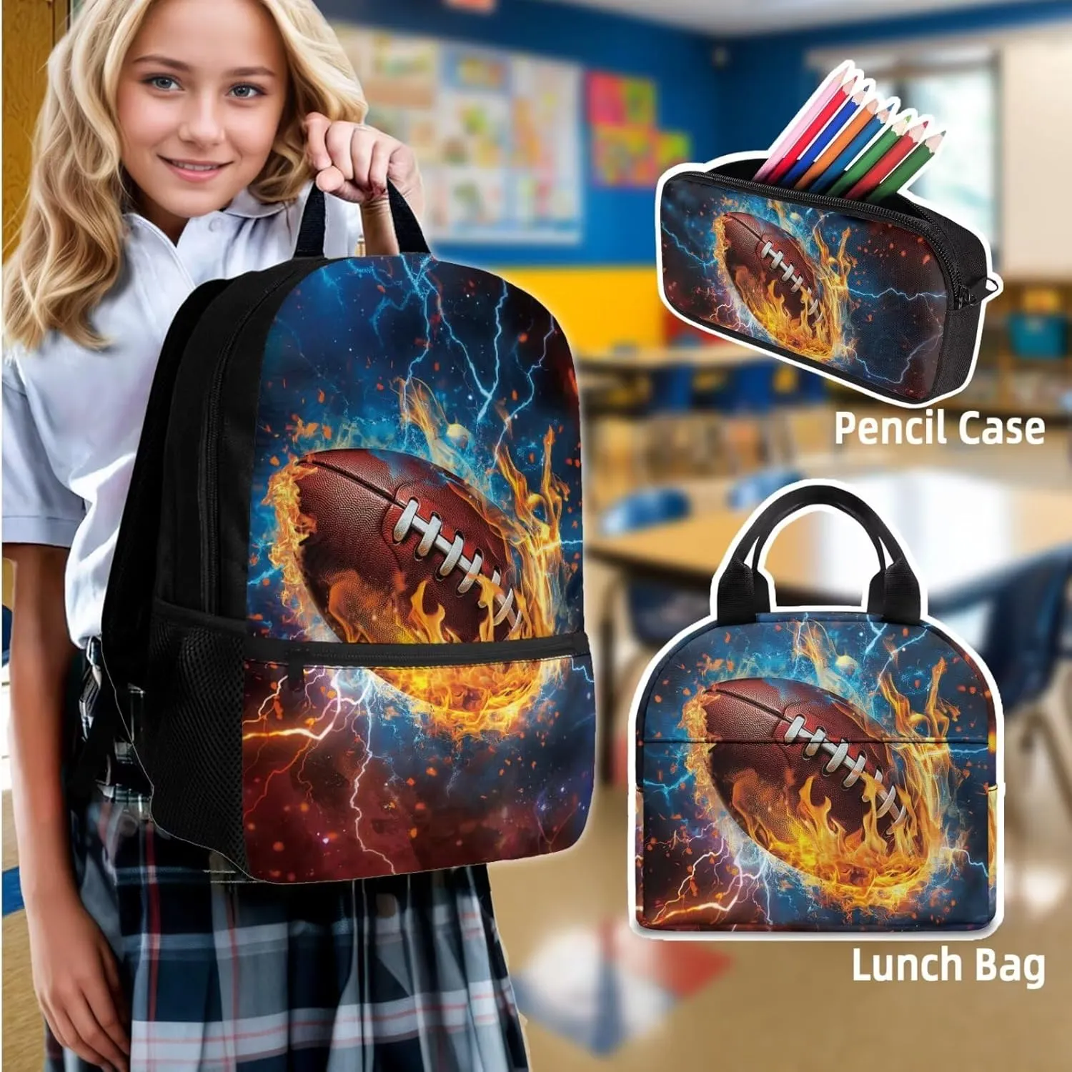 Backpack with Lunch Box and Water Bottle Bag American Football Boys Backpack 4-Piece Set Lightweight Travel Bookbag for Kids Kindergarten Elementary Middle Mochilas Escolares Para Niños