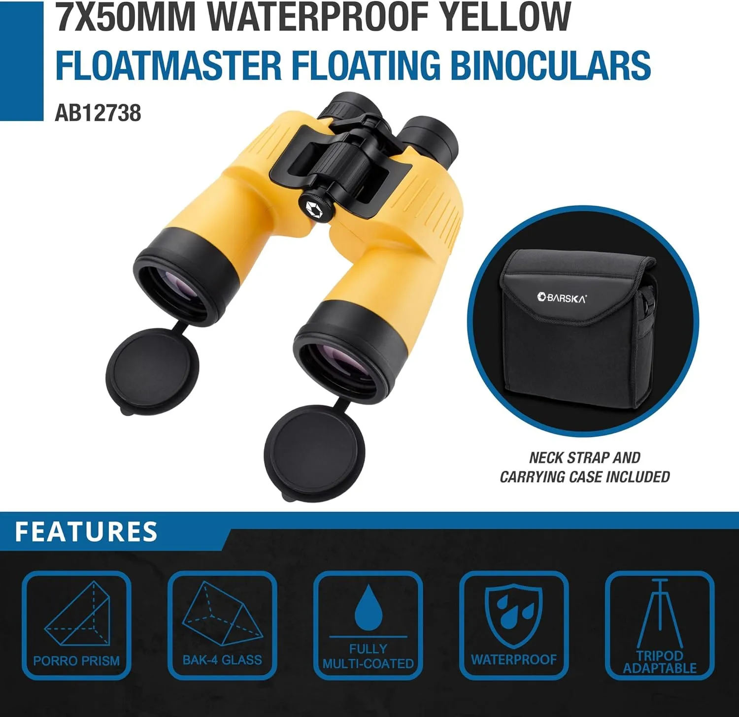 Barska AB12738 Floatmaster 7x50 Waterproof Floating Marine Binoculars for Boating, Hunting, Fishing, Sports, etc, Yellow