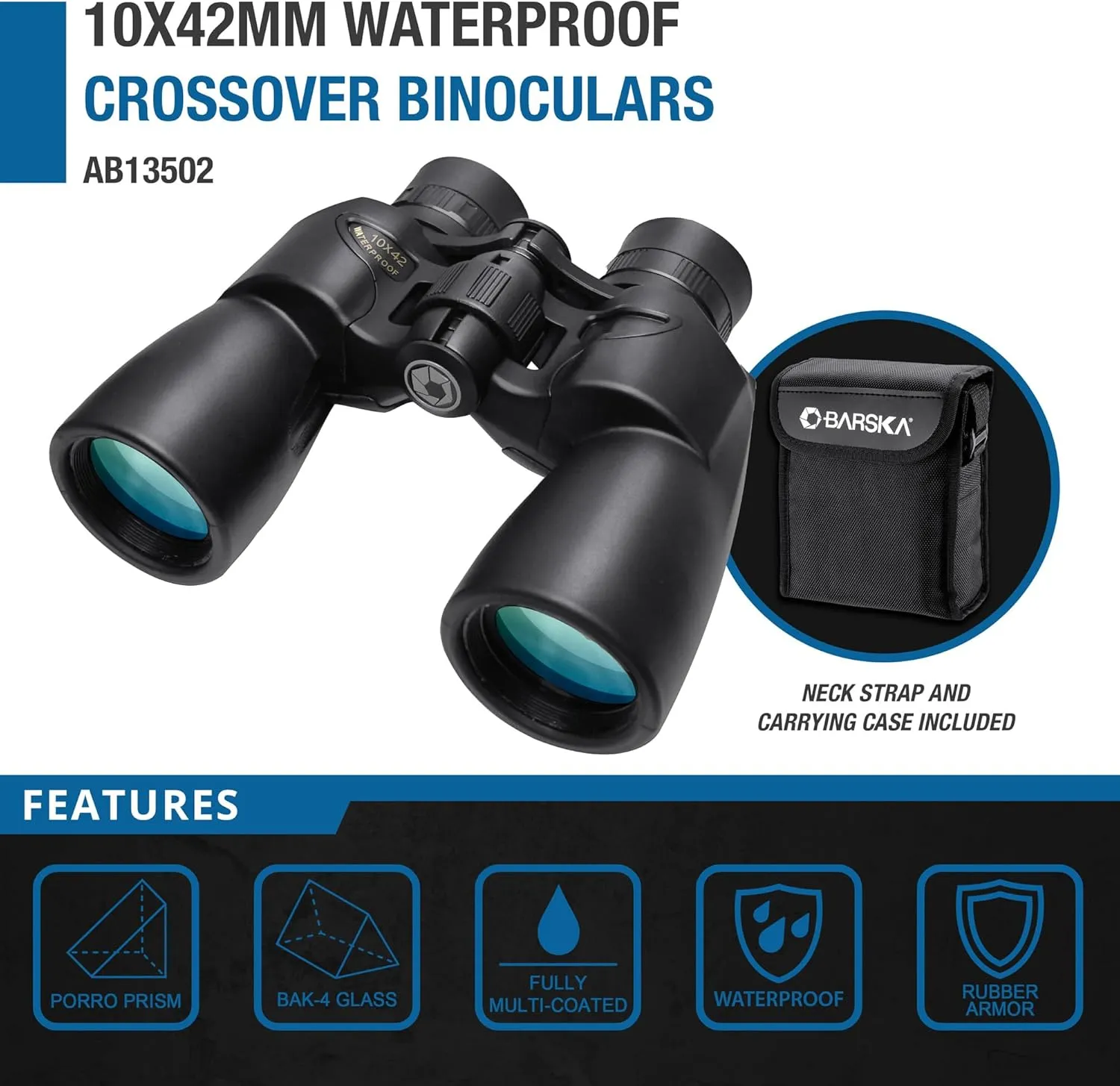 BARSKA AB13502 Crossover 10x42 Waterproof Binoculars for Sports, Boating, Theater, Hunting, etc, Black, One Size