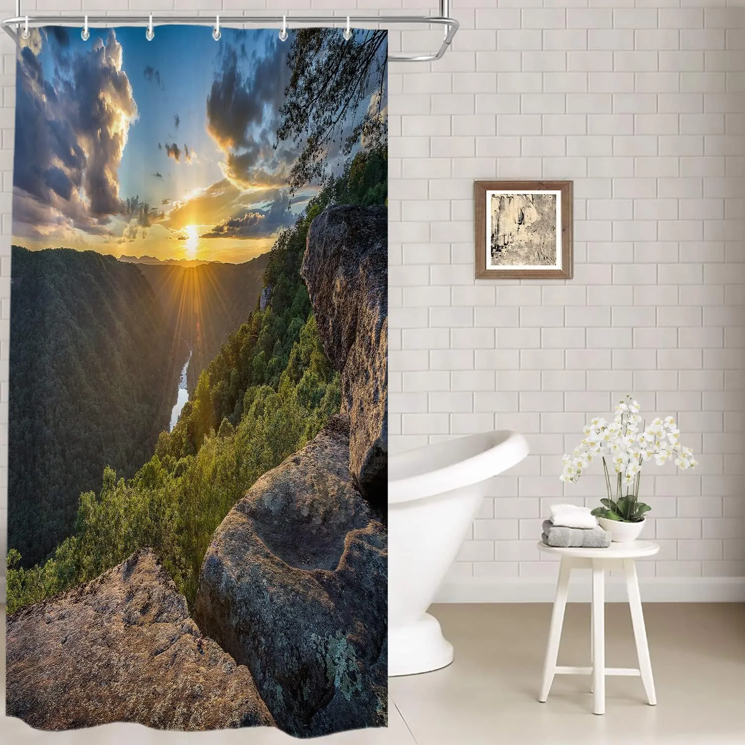 Batmerry Golden Natural Sunset Decor Shower Curtain,Landscape Virginia Mountain Bathroom Decor Polyester Fiber Plastic Rings Quick-Drying Waterproof for Bathtubs/Bathroom, 72x36 inches