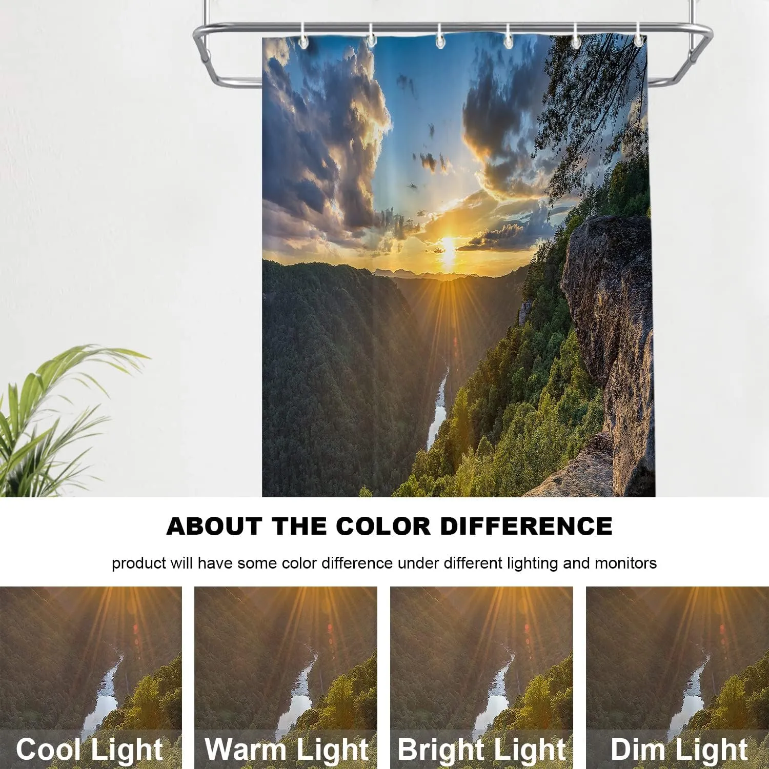 Batmerry Golden Natural Sunset Decor Shower Curtain,Landscape Virginia Mountain Bathroom Decor Polyester Fiber Plastic Rings Quick-Drying Waterproof for Bathtubs/Bathroom, 72x36 inches