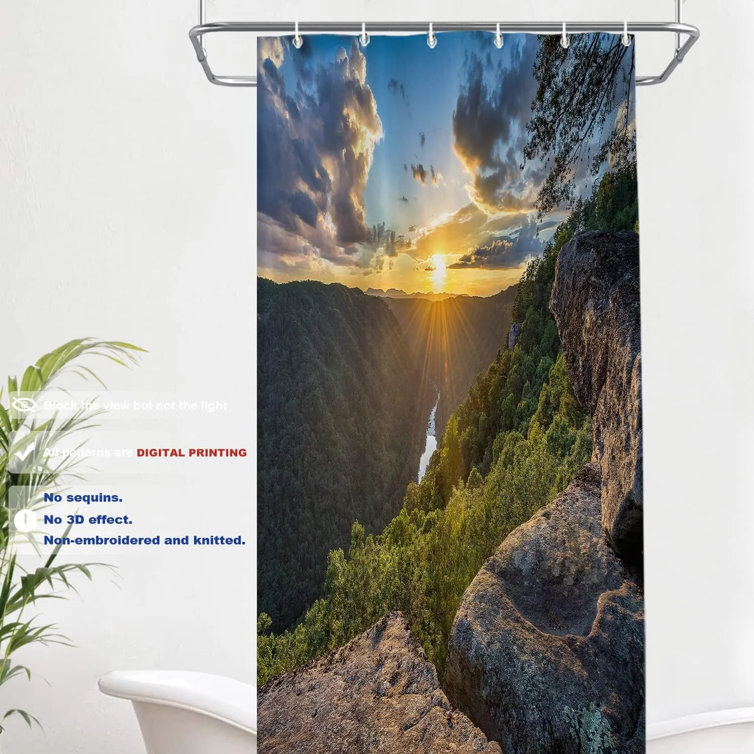 Batmerry Golden Natural Sunset Decor Shower Curtain,Landscape Virginia Mountain Bathroom Decor Polyester Fiber Plastic Rings Quick-Drying Waterproof for Bathtubs/Bathroom, 72x36 inches