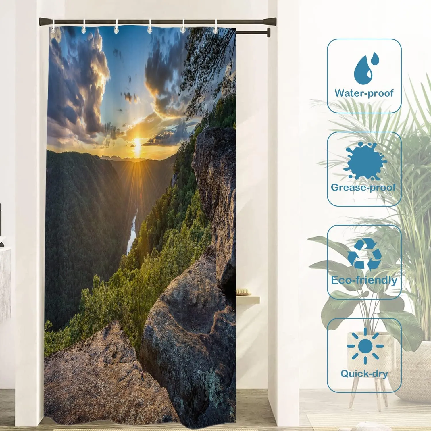 Batmerry Golden Natural Sunset Decor Shower Curtain,Landscape Virginia Mountain Bathroom Decor Polyester Fiber Plastic Rings Quick-Drying Waterproof for Bathtubs/Bathroom, 72x36 inches
