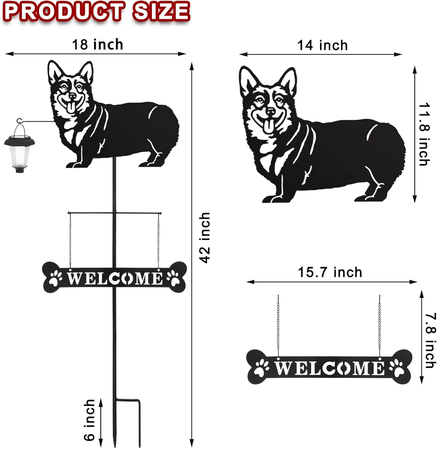 BAYN Solar Corgi Silhouette Dog Breed Welcome Sign with a Lantern Outdoor Decorative Garden Stakes for Yard, Lawn, Patio, Pathway