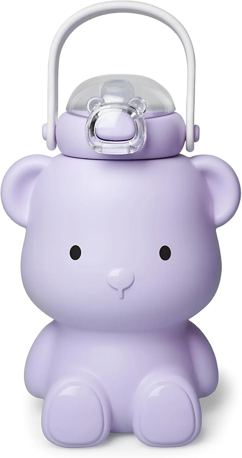 Bear Water Bottle for Girls, 16oz Cute Kawaii Teddy Bear Leak-Proof Stainless Steel Bottle with Straw & Strap, BPA-Free, Durable & Safe Drinking Cup, Gift for Kids & Girls (Purple)