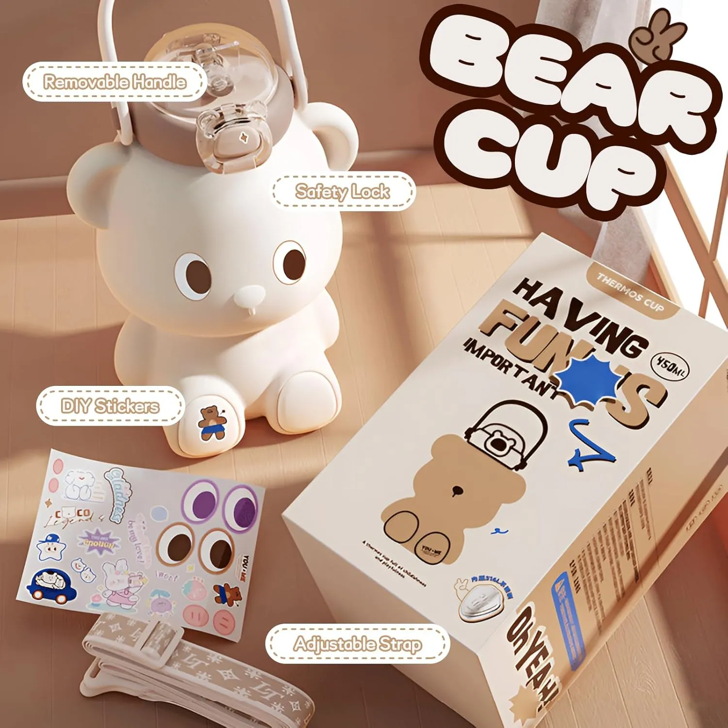 Bear Water Bottle for Girls, 16oz Cute Kawaii Teddy Bear Leak-Proof Stainless Steel Bottle with Straw & Strap, BPA-Free, Durable & Safe Drinking Cup, Gift for Kids & Girls (Purple)