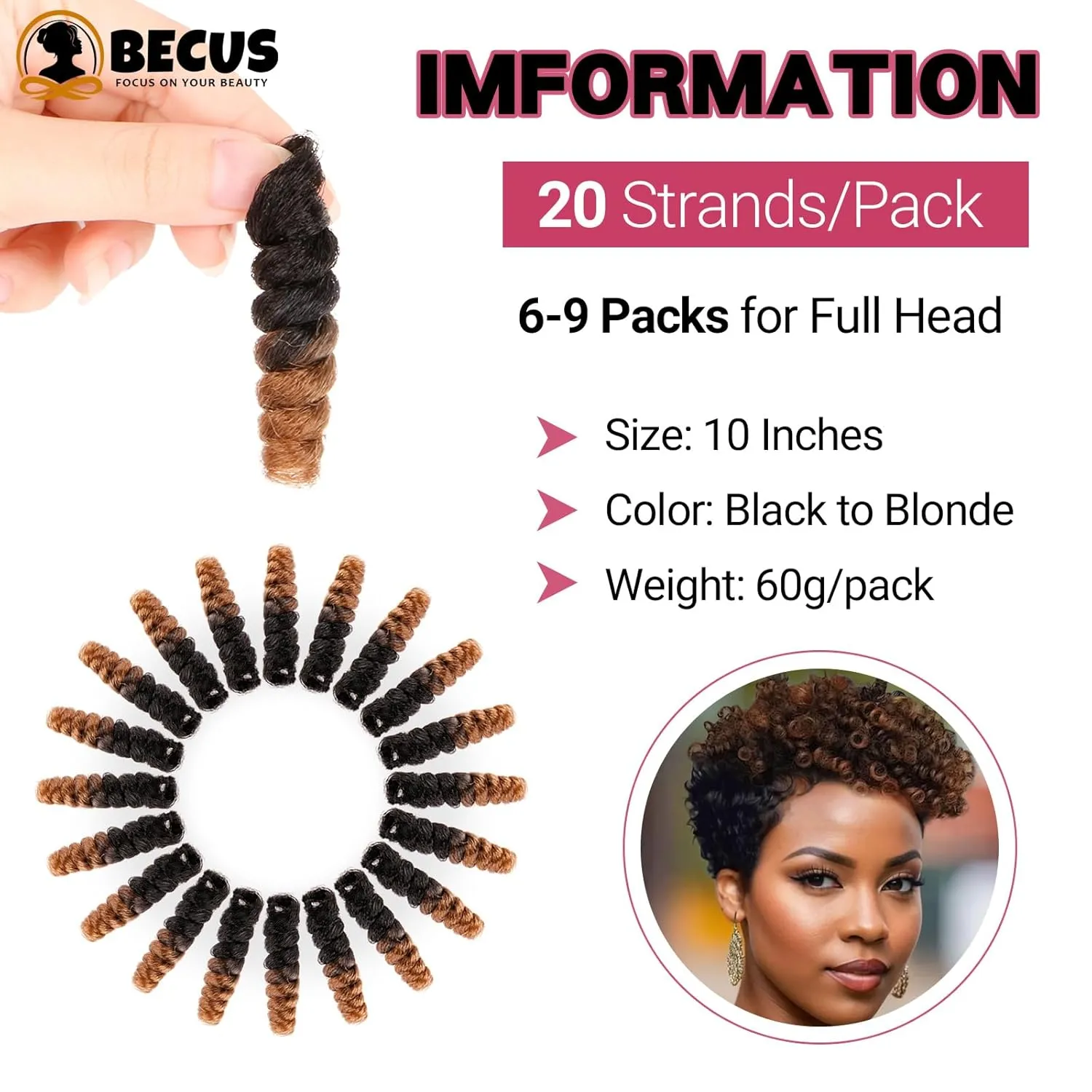BECUS 3packs Crochet Braids Synthetic Braiding African Hair 10inch 8mm 20 Roots/Packs(Black to Blonde #1B/27)