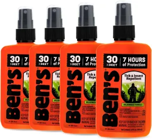Ben's Tick & Insect Repellent - Travel Size Bug Spray with 30% DEET for Mosquitoes, Ticks & More - Up to 7 Hours of Protection - Fragrance-Free - 3.4 Fl Oz (4 Pack)