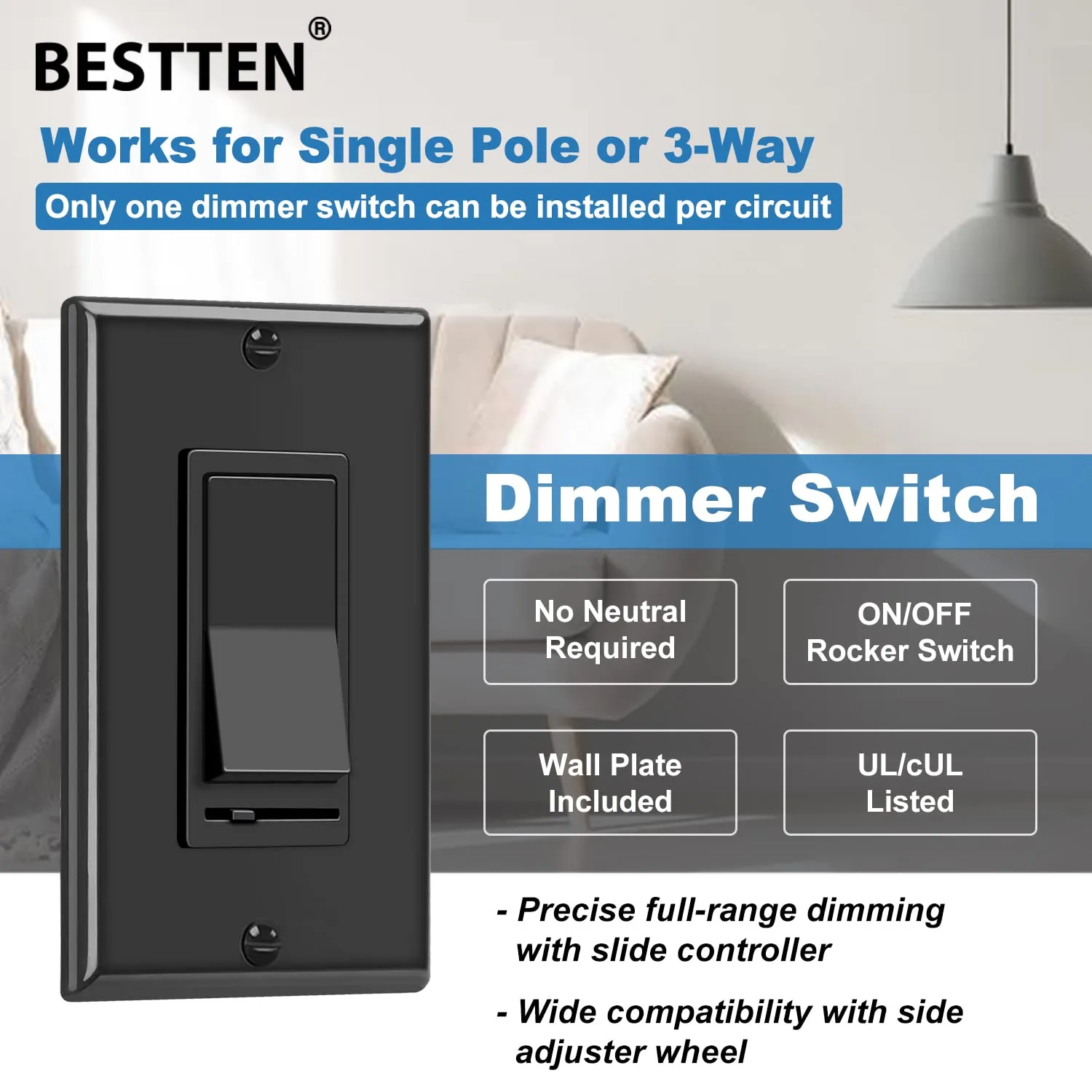 BESTTEN 2 Pack Dimmer Wall Light Switch, Single Pole or 3-Way LED Slide Dimmer Switch, Compatible with Dimmable LED, Incandescent, Halogen and CFL Bulbs, Wallplate Included, UL Listed, Gloss Black