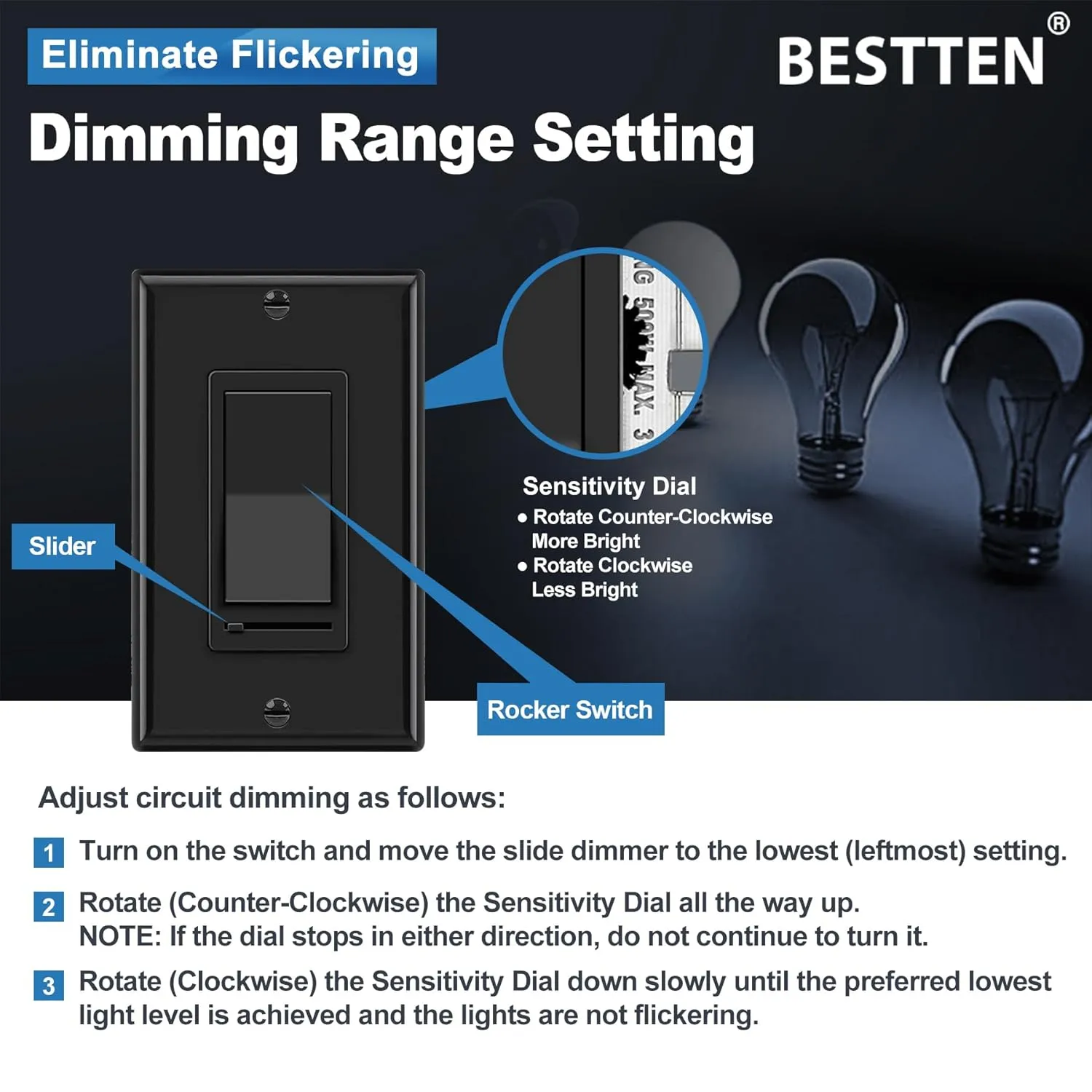 BESTTEN 2 Pack Dimmer Wall Light Switch, Single Pole or 3-Way LED Slide Dimmer Switch, Compatible with Dimmable LED, Incandescent, Halogen and CFL Bulbs, Wallplate Included, UL Listed, Gloss Black