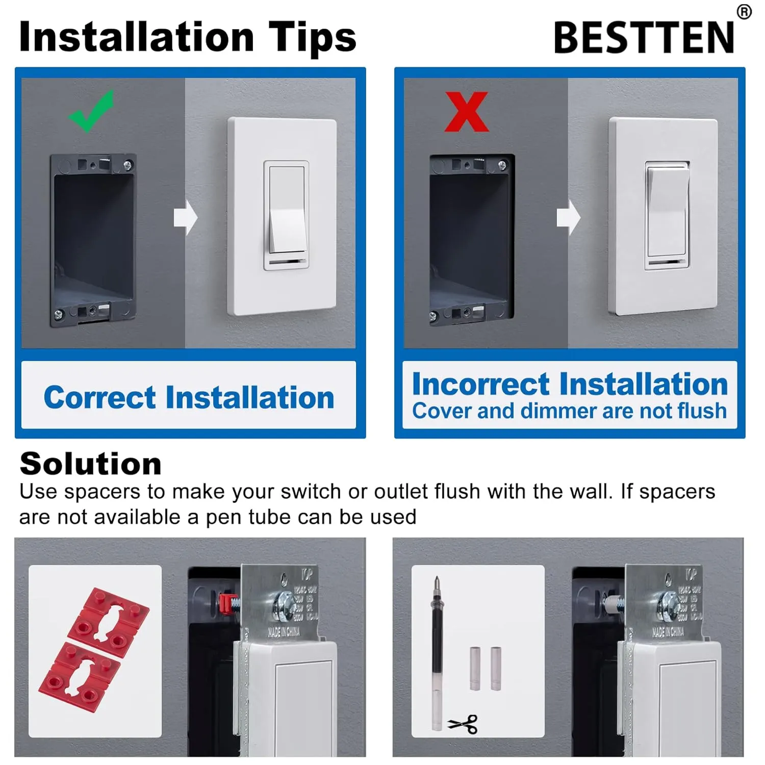 BESTTEN 2 Pack Dimmer Wall Light Switch, Single Pole or 3-Way LED Slide Dimmer Switch, Compatible with Dimmable LED, Incandescent, Halogen and CFL Bulbs, Wallplate Included, UL Listed, Gloss Black