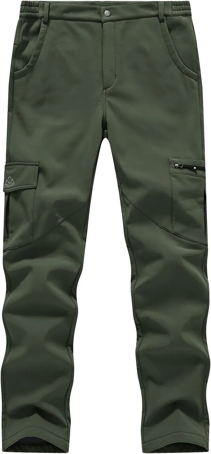 BGOWATU Women's Winter Hiking Pants Fleece Lined Waterproof Windproof Snow Insulated Pants with 6 Pockets Army Green XL