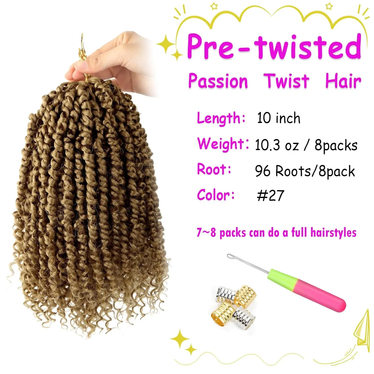 Bileaf Pre-twisted Passion Twist Crochet Hair 10 Inch 8 Packs Crochet Passion Twist, Pre Looped Short Passion Twist Hair Crochet Braids Bohemian Crochet Braiding Hair Curly Ends #27