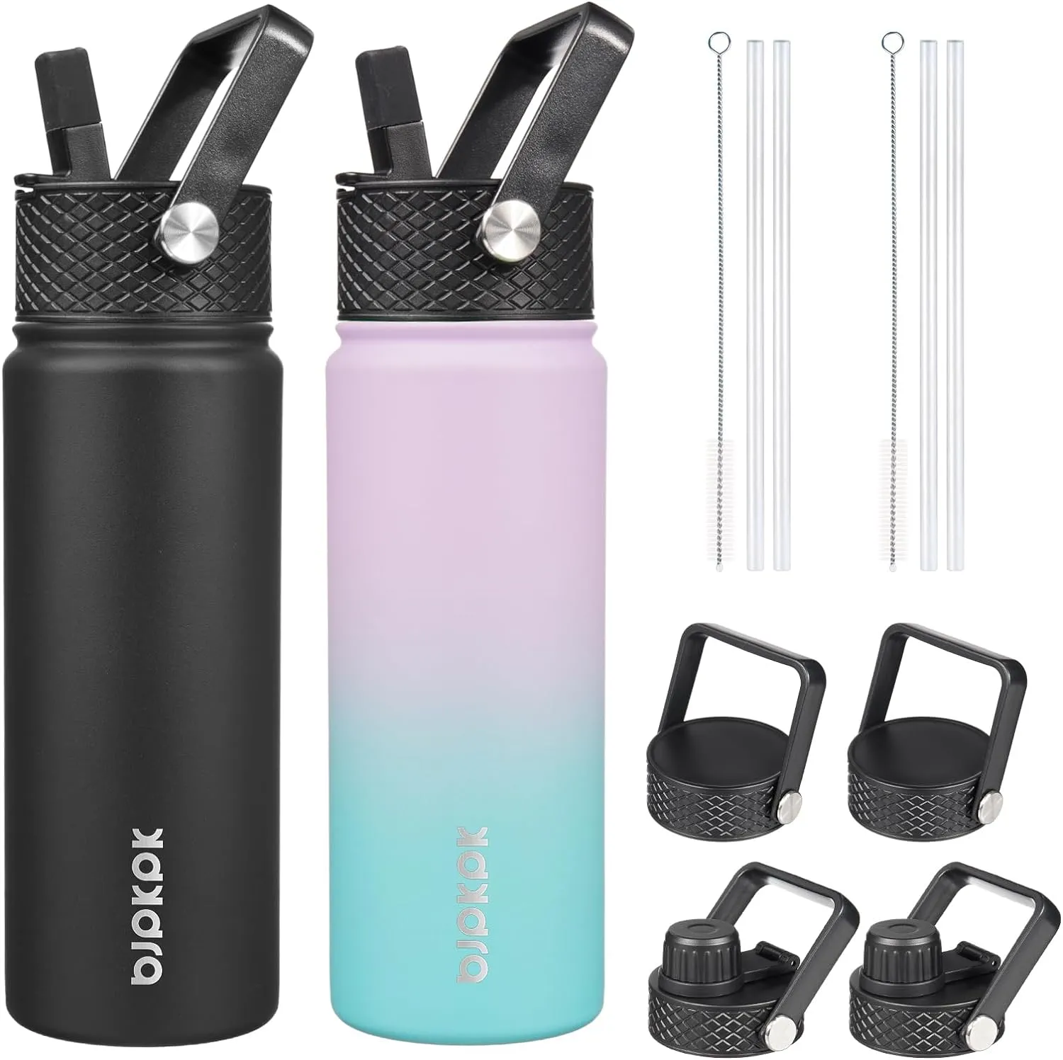 BJPKPK 2 Pack Insulated Water Bottles with Straw Lids, 22oz Stainless Steel Metal Water Bottle with 6 Lids, Leak Proof BPA Free Thermos, Cups, Flasks for Travel, Sports (Oasis Black)