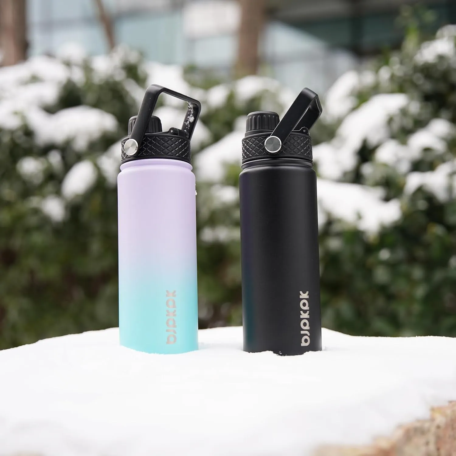 BJPKPK 2 Pack Insulated Water Bottles with Straw Lids, 22oz Stainless Steel Metal Water Bottle with 6 Lids, Leak Proof BPA Free Thermos, Cups, Flasks for Travel, Sports (Oasis Black)