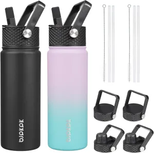 BJPKPK 2 Pack Insulated Water Bottles with Straw Lids, 22oz Stainless Steel Metal Water Bottle with 6 Lids, Leak Proof BPA Free Thermos, Cups, Flasks for Travel, Sports (Oasis Black)