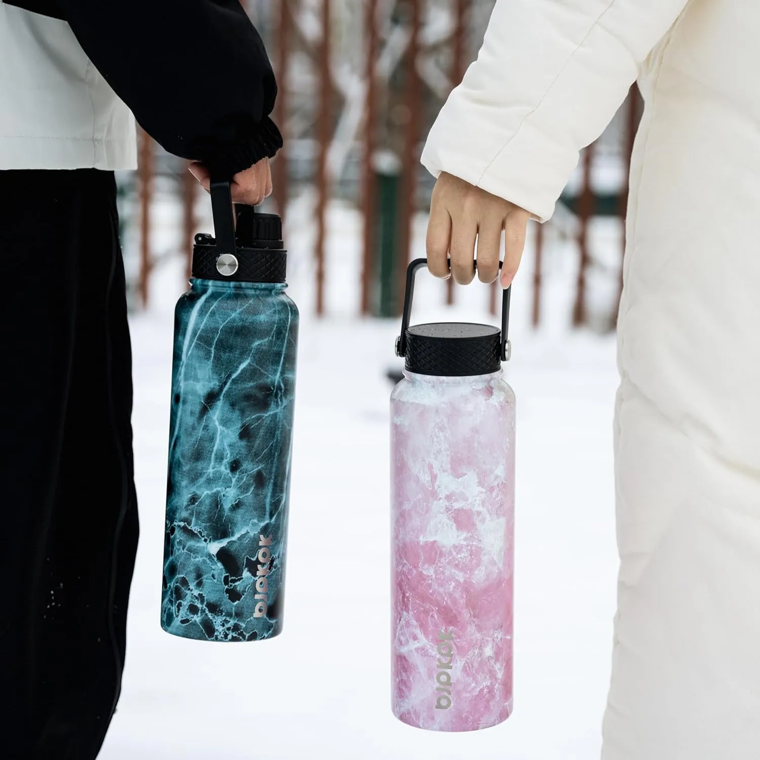BJPKPK 2 Pack Insulated Water Bottles with Straw Lids, 40oz Stainless Steel Metal Water Bottle with 6 Lids, Leak Proof BPA Free Thermos, Cups, Flasks for Travel, Sports (Blossom Ocean)