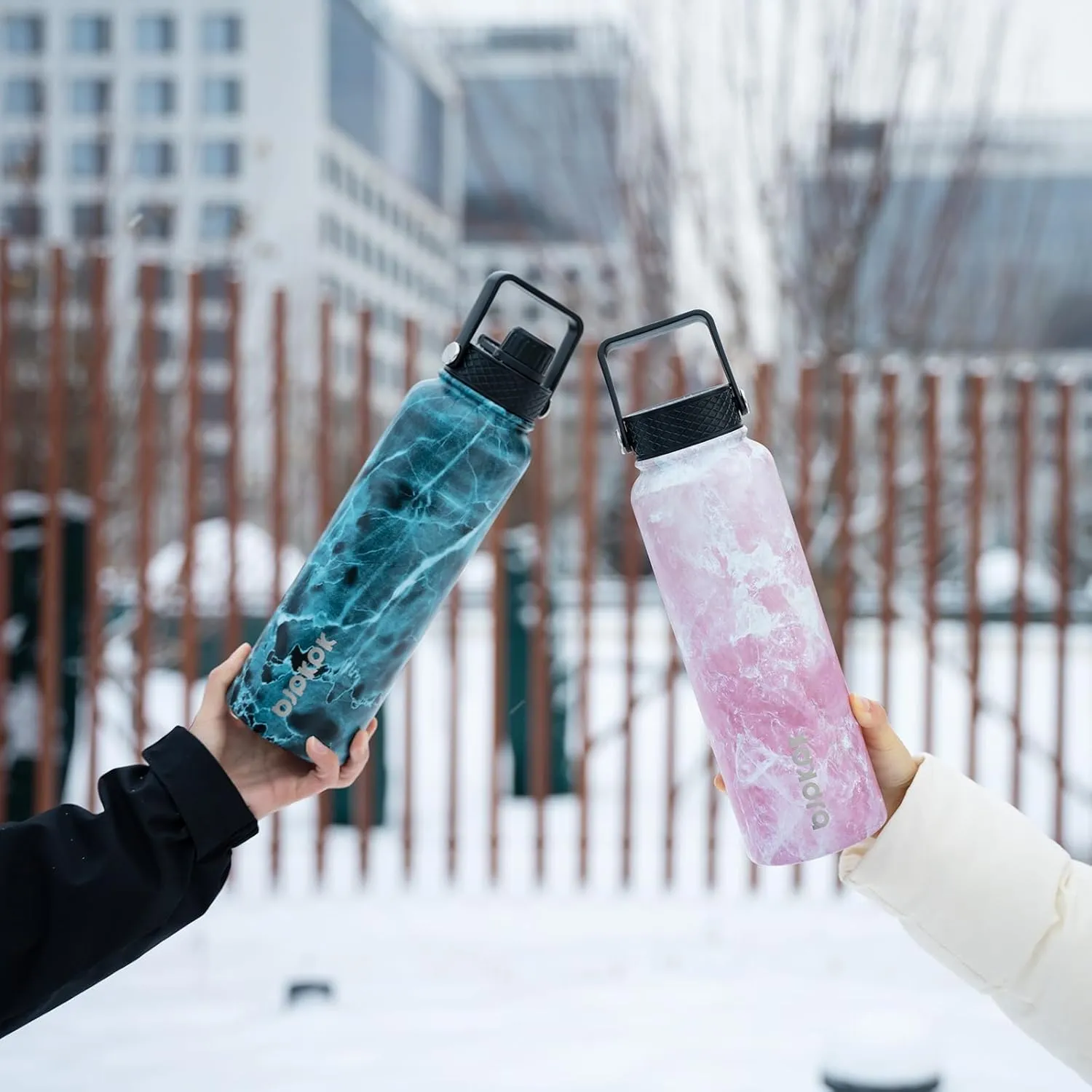 BJPKPK 2 Pack Insulated Water Bottles with Straw Lids, 40oz Stainless Steel Metal Water Bottle with 6 Lids, Leak Proof BPA Free Thermos, Cups, Flasks for Travel, Sports (Blossom Ocean)