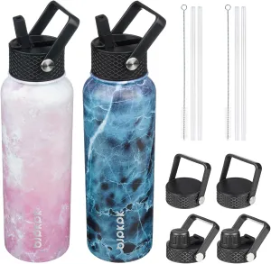 BJPKPK 2 Pack Insulated Water Bottles with Straw Lids, 40oz Stainless Steel Metal Water Bottle with 6 Lids, Leak Proof BPA Free Thermos, Cups, Flasks for Travel, Sports (Blossom Ocean)