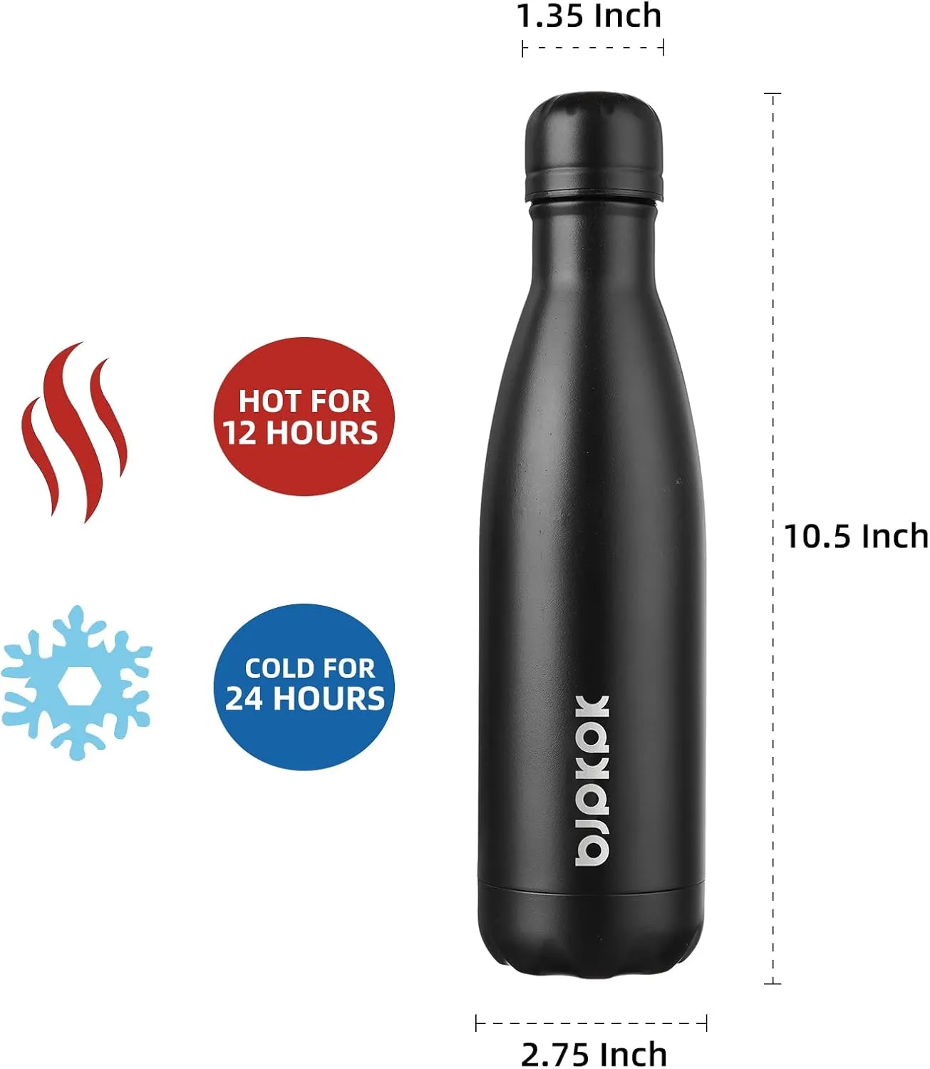 BJPKPK Insulated 17oz Stainless Steel Water Bottles, Sports Water Bottles Keep Cold for 24 Hours and Hot for 12 Hours,Midnight Black